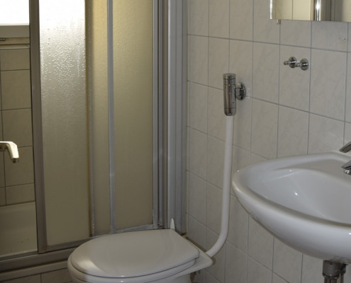 Badezimmer mit Dusche, Toilette und Waschbecken in der Gästewohnung Franz-Körner-Str. 61a