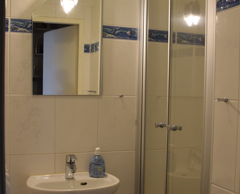 Blick ins Bad mit Dusche und Waschbecken in der zweiten Gästewohnung in der Fritz-Erler-Allee 120