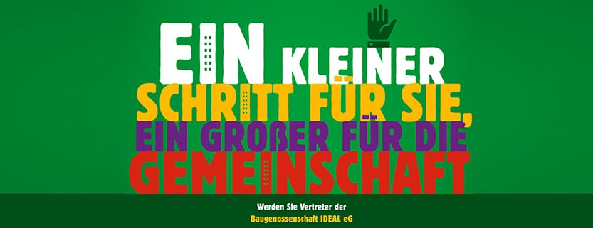 Werbebanner der Imagekampagne Berliner Baugenossenschaften "Ein kleiner Schritt für Sie, ein großer für die Gemeinschaft"