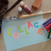 Aufforderung zum Mitmachen bei einer Collage mit Stiften und Pinseln