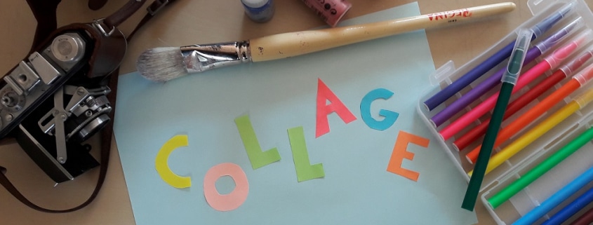 Aufforderung zum Mitmachen bei einer Collage mit Stiften und Pinseln