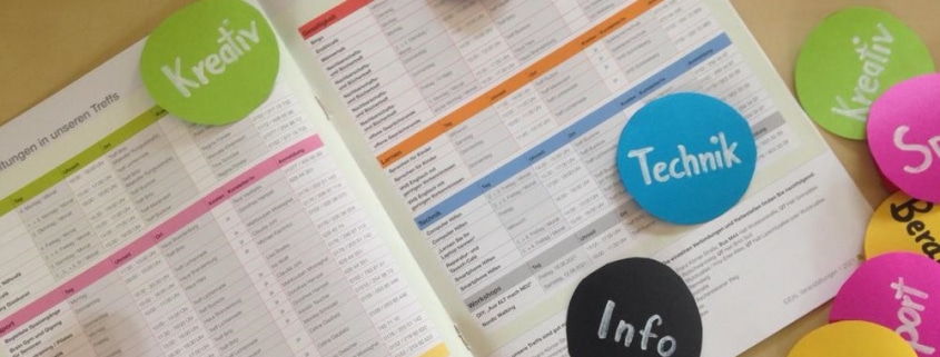 Veranstaltungskalender aus der die einzelnen Gebiete, z.B. Geselligkeit, Kreativ etc. dargestellt sind