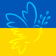 ukrainische Flagge mit einer angedeuteten Friedenstaube
