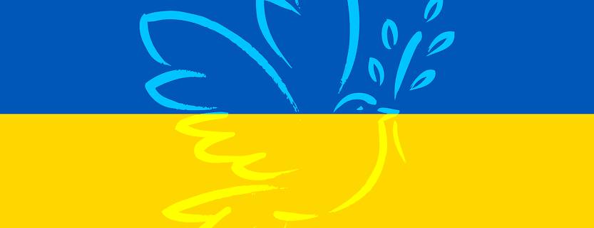ukrainische Flagge mit einer angedeuteten Friedenstaube